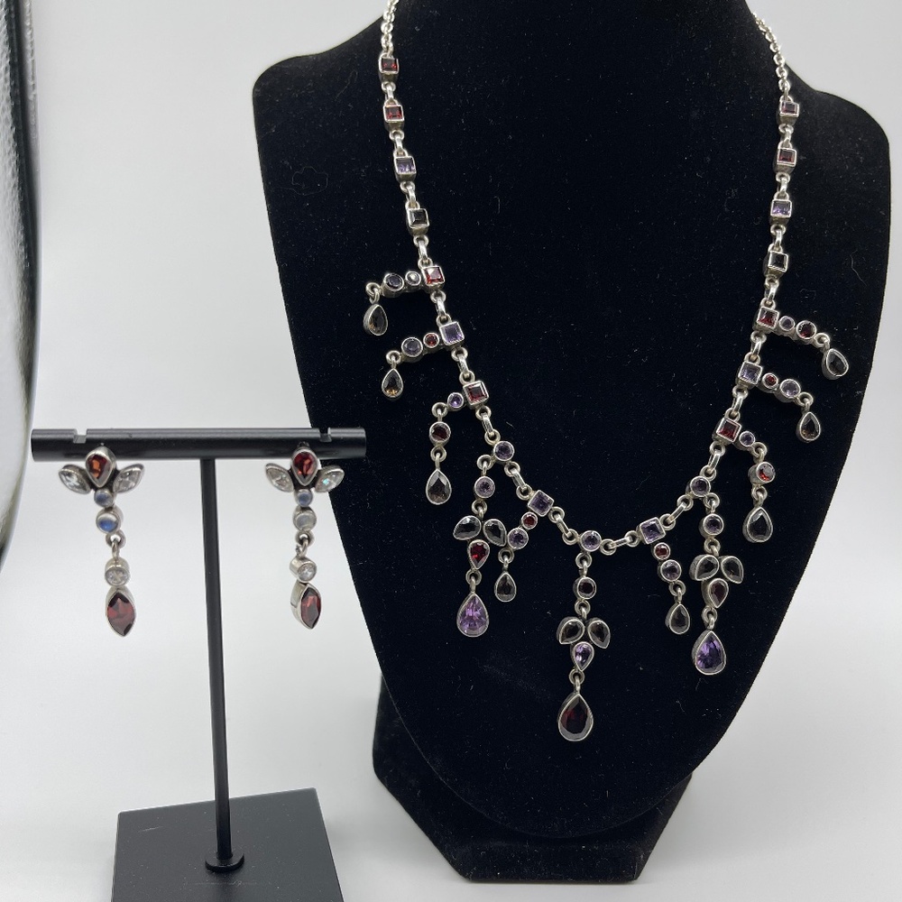 Vintage Nicky Butler Sterling Silver MultiGem Chandelier Necklace & Earring Set